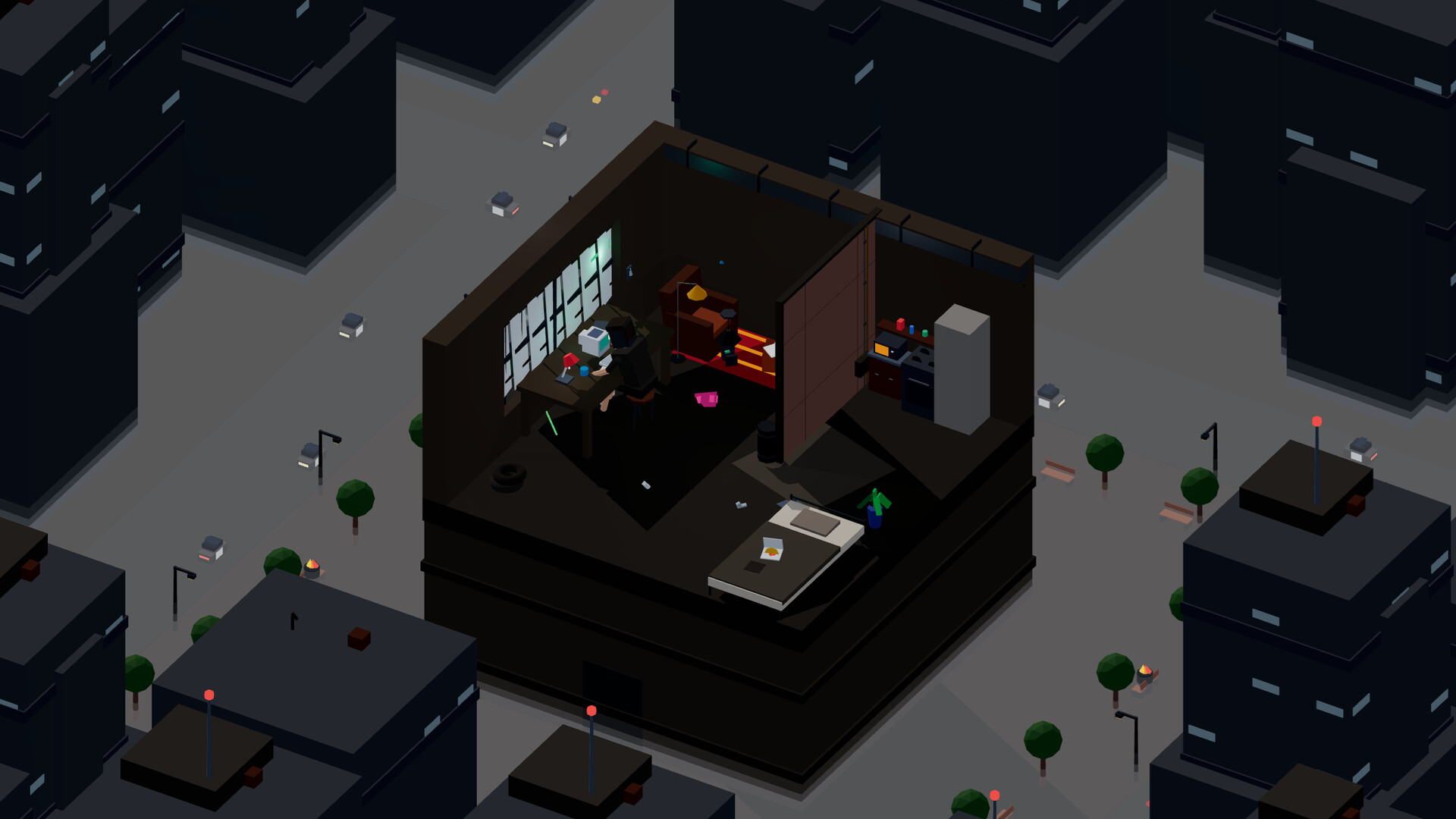 Isometric low-poly night apartment where the player codes and mines crypto