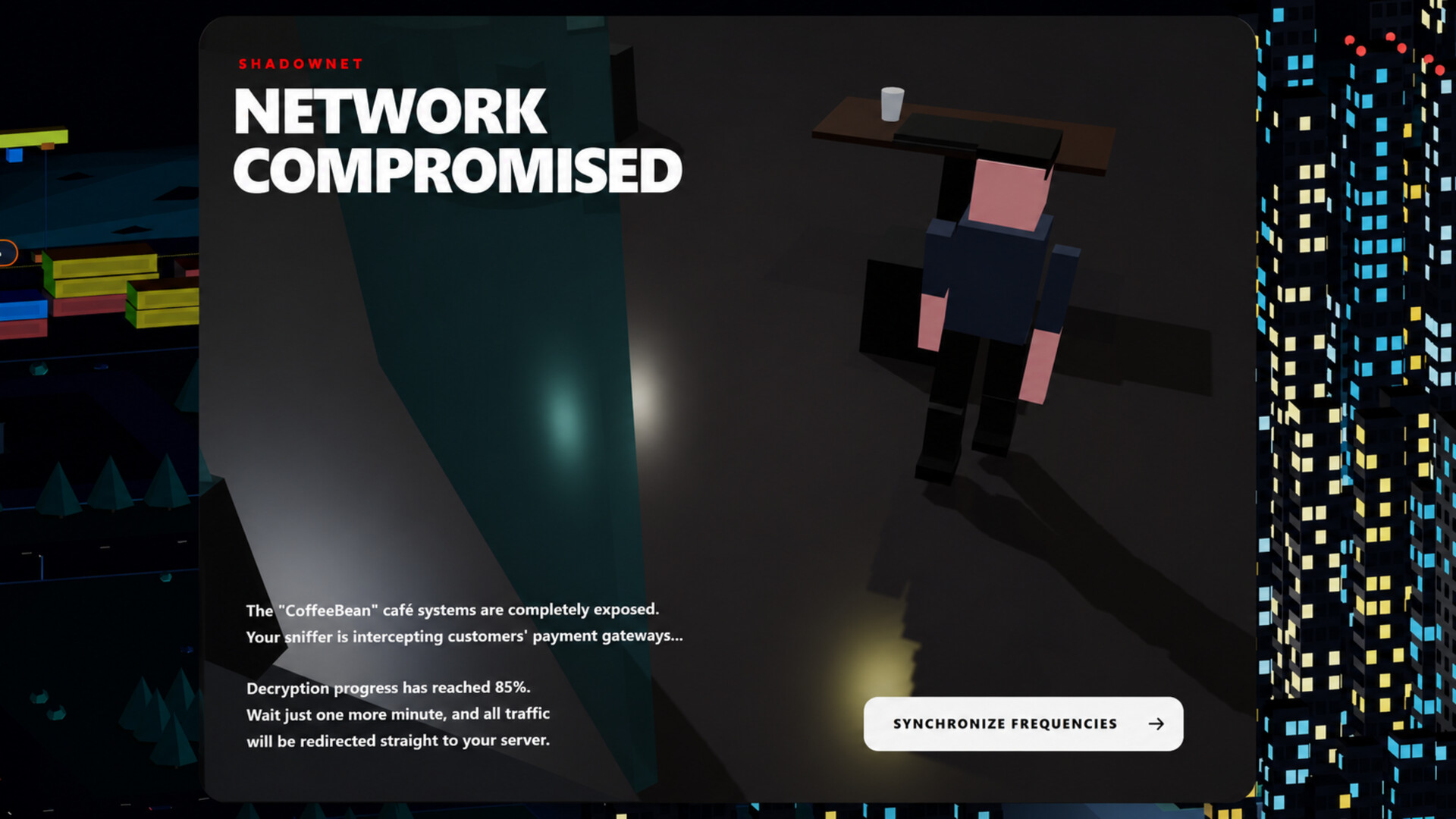 ShadowNet interface showing a compromised café network during a live intrusion