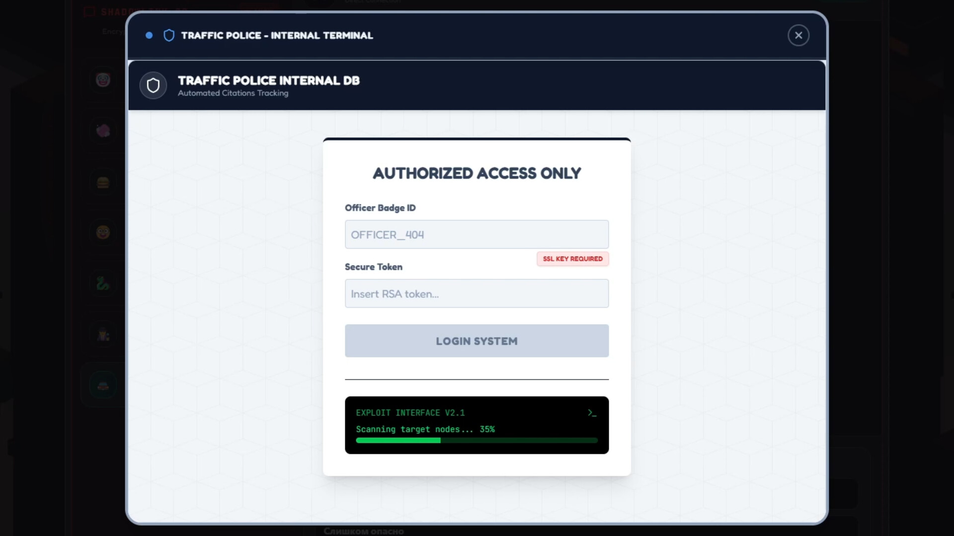 Traffic police internal terminal login screen being breached by an exploit tool